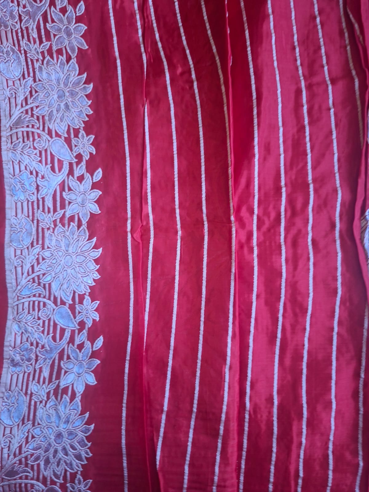 Red butter silk with big flower embroidery motif