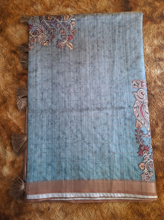 blue and brown semi tussur big motis saree