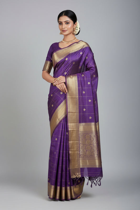 Purple fabric with gold patterns on a gray surface