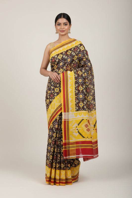 Traditional patterned fabric with a yellow and red border on a gray background