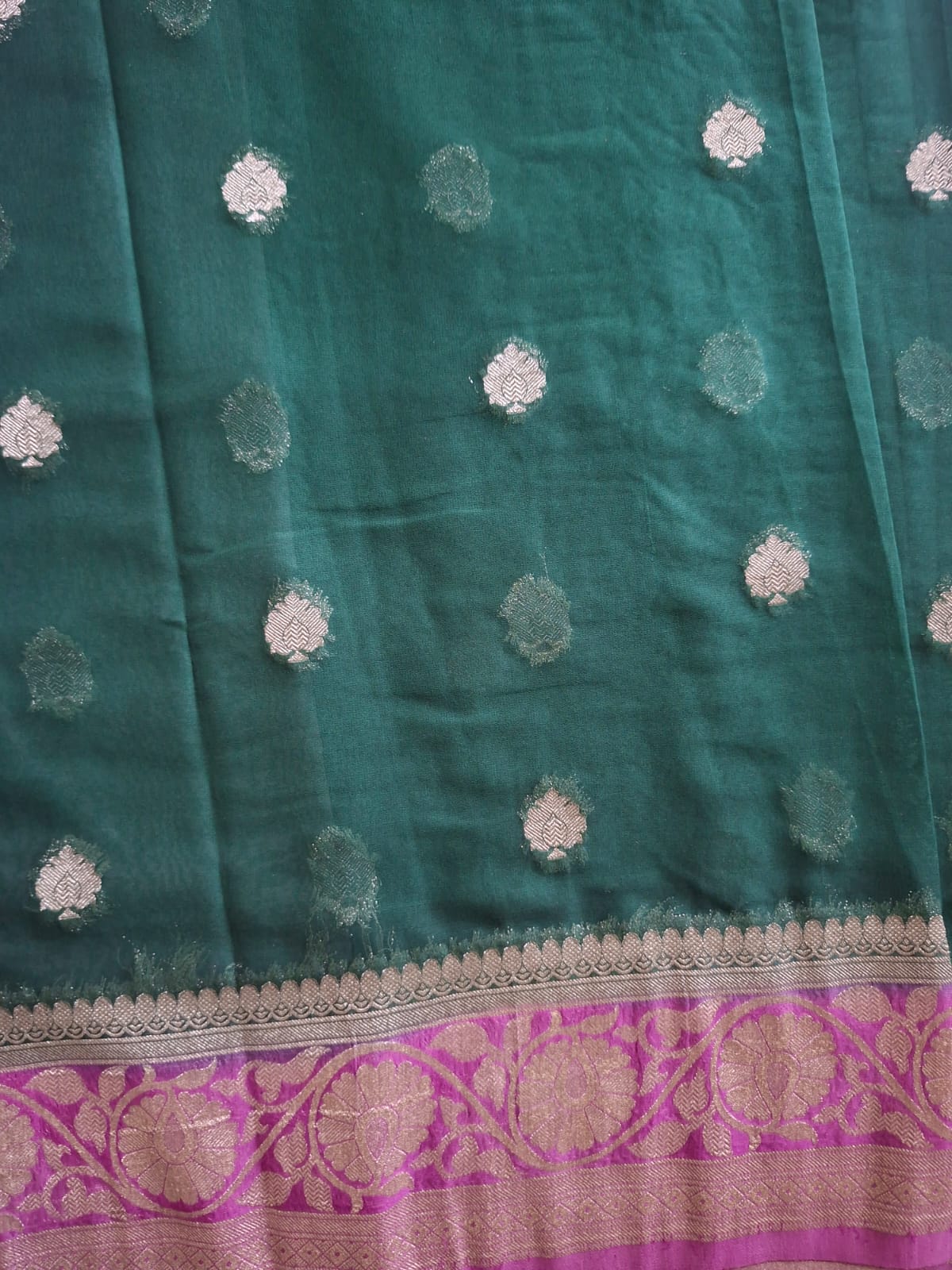green semi chiffon with pink border and small motif