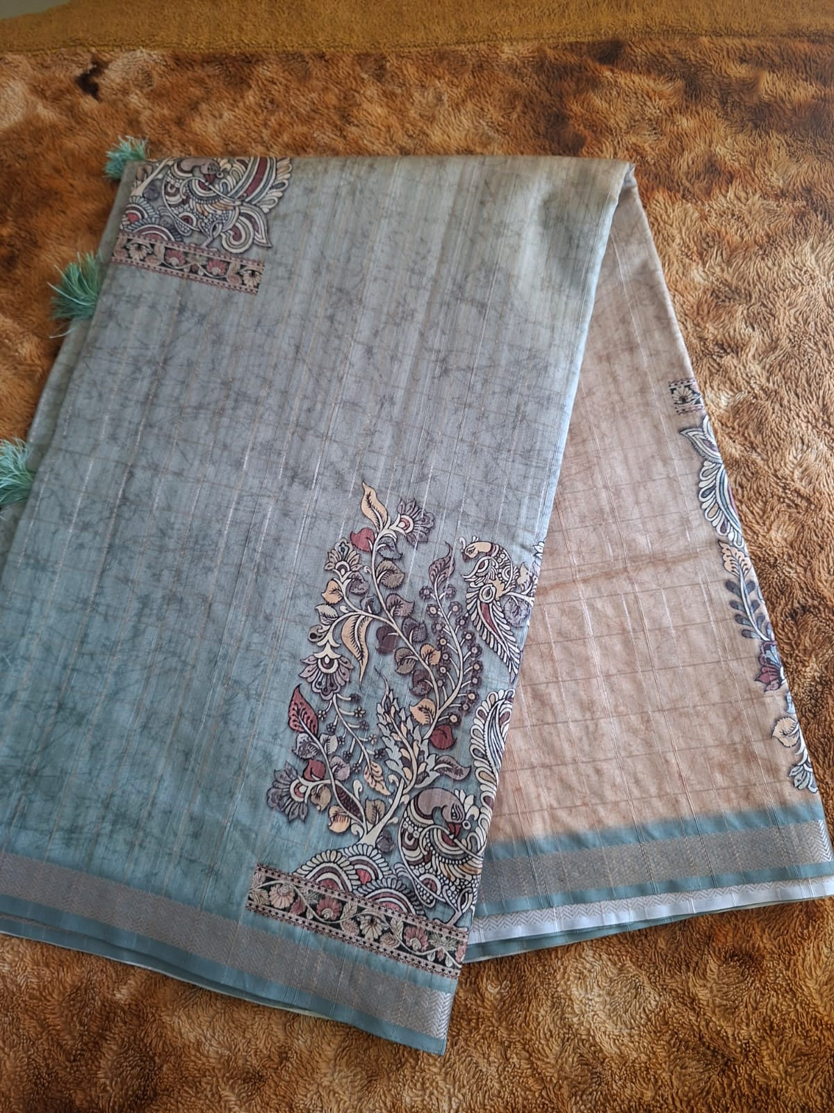 lavender and brown semi tussur big motif saree