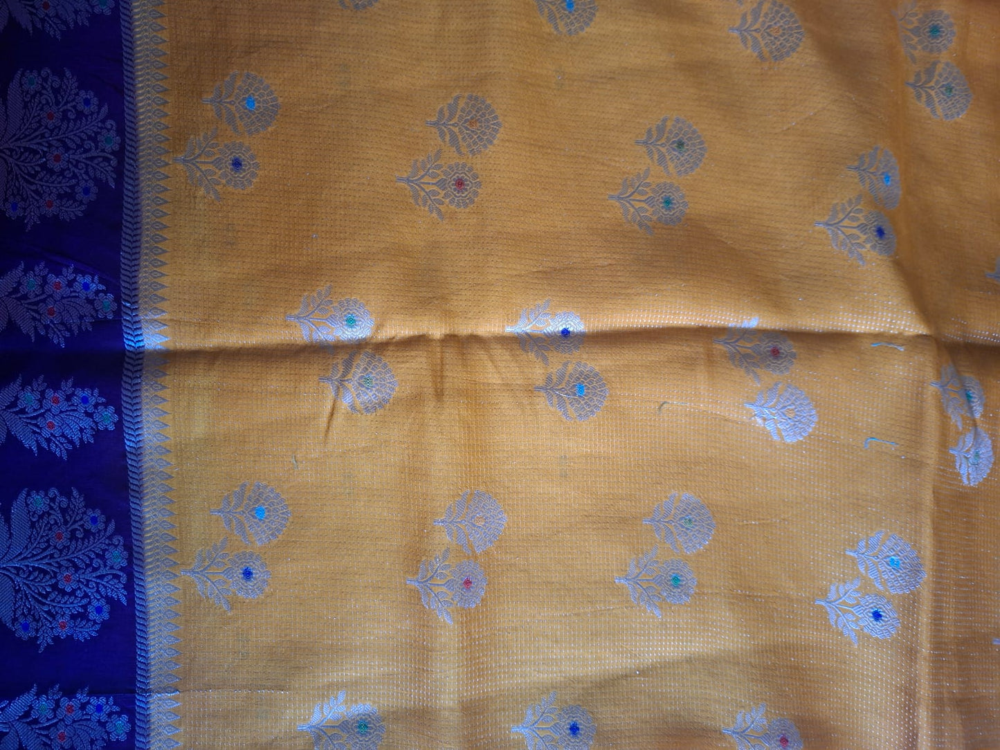 mustrad raw mango with contrast border with meenkari work saree