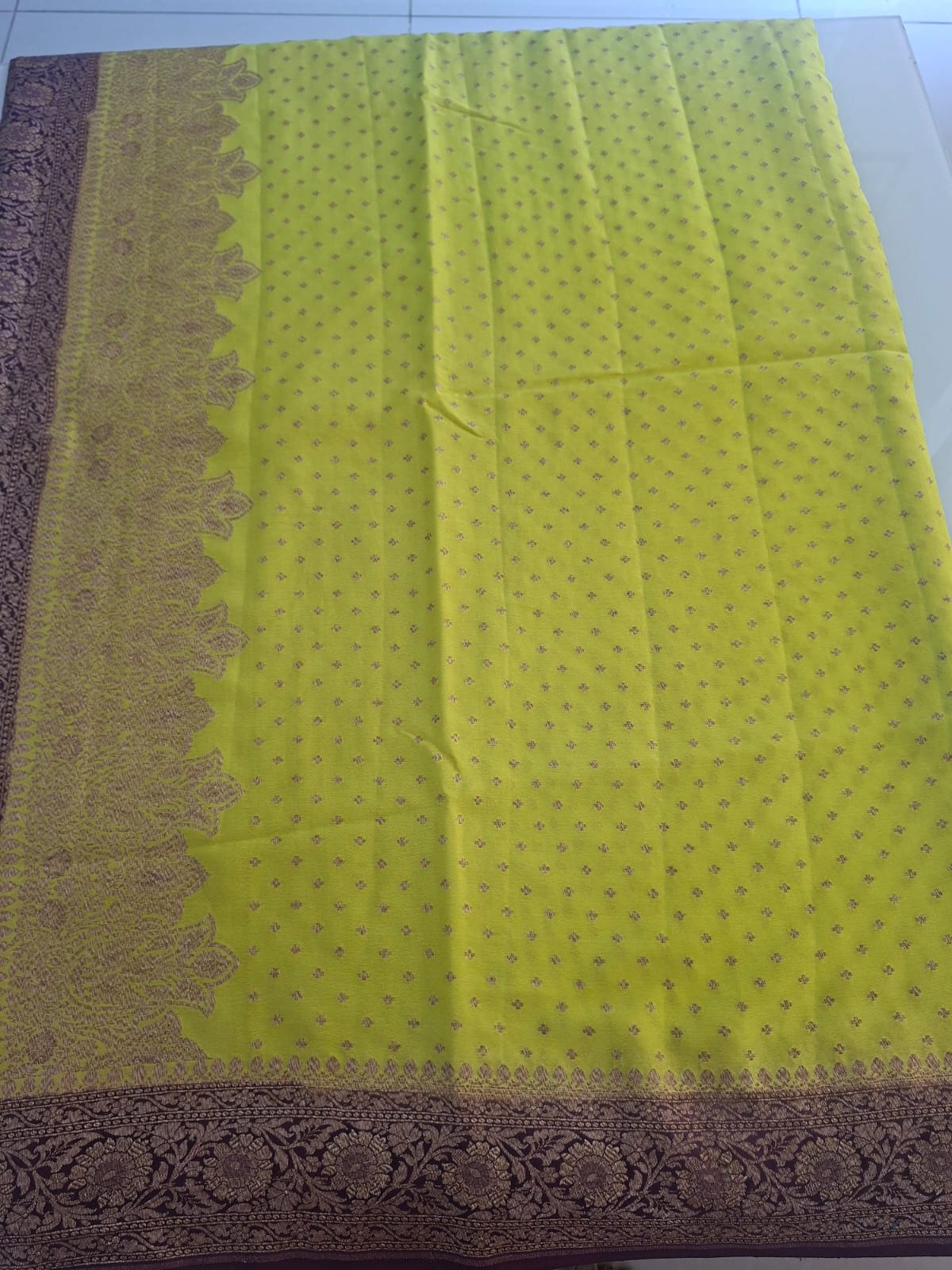 yellow pure kaddi crepe 1000 butta saree