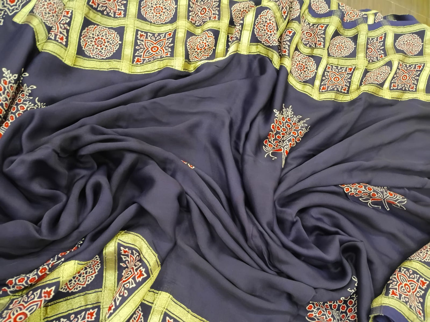 red ajrak modal silk saree