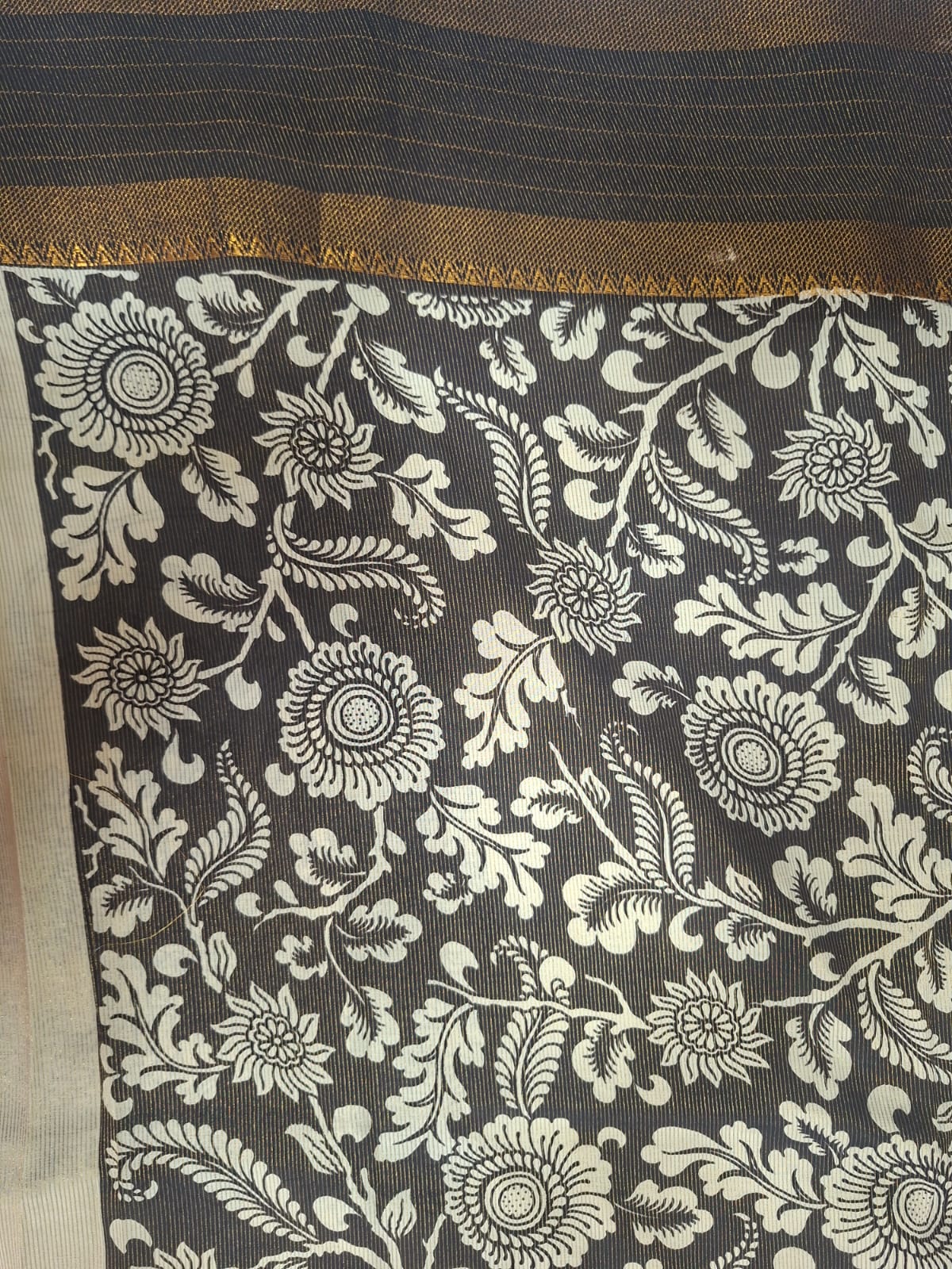 pen kalamkari black and white silk saree