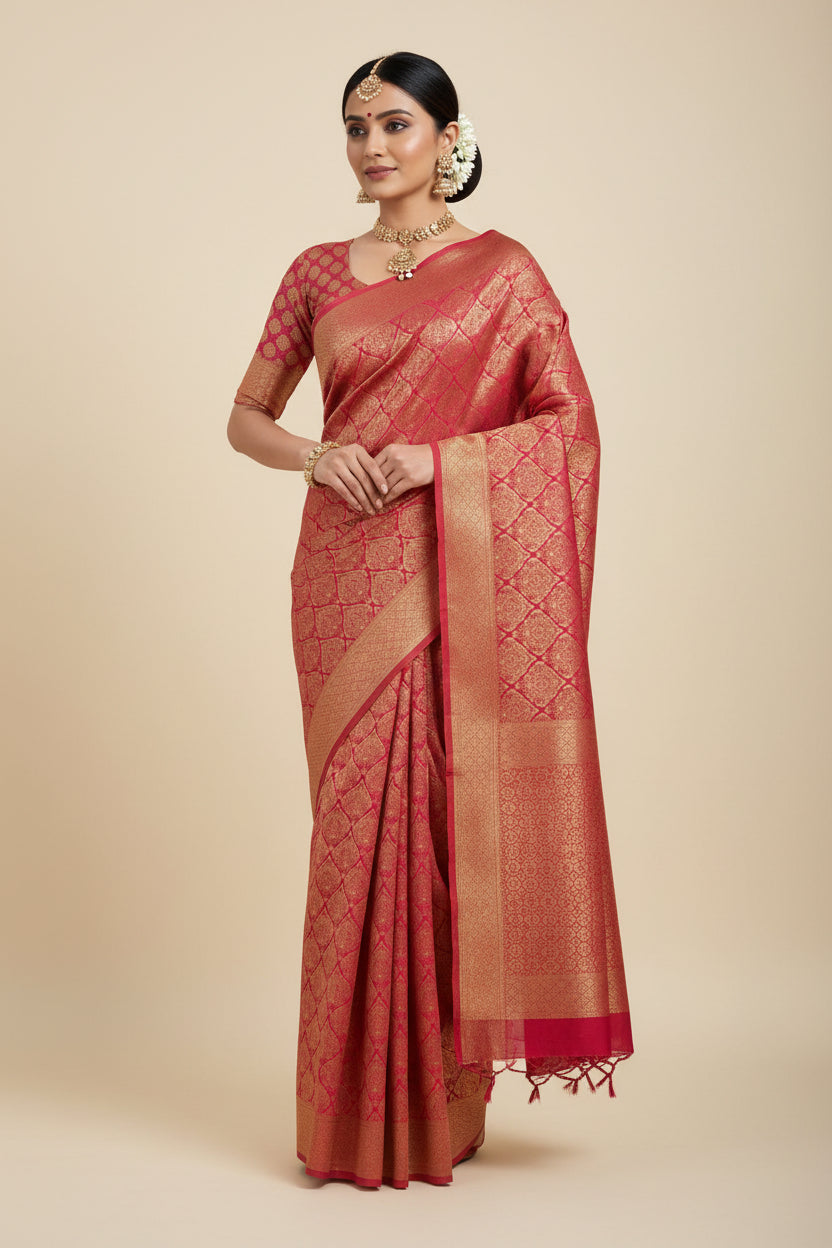 Red and gold patterned fabric with a diamond lattice design