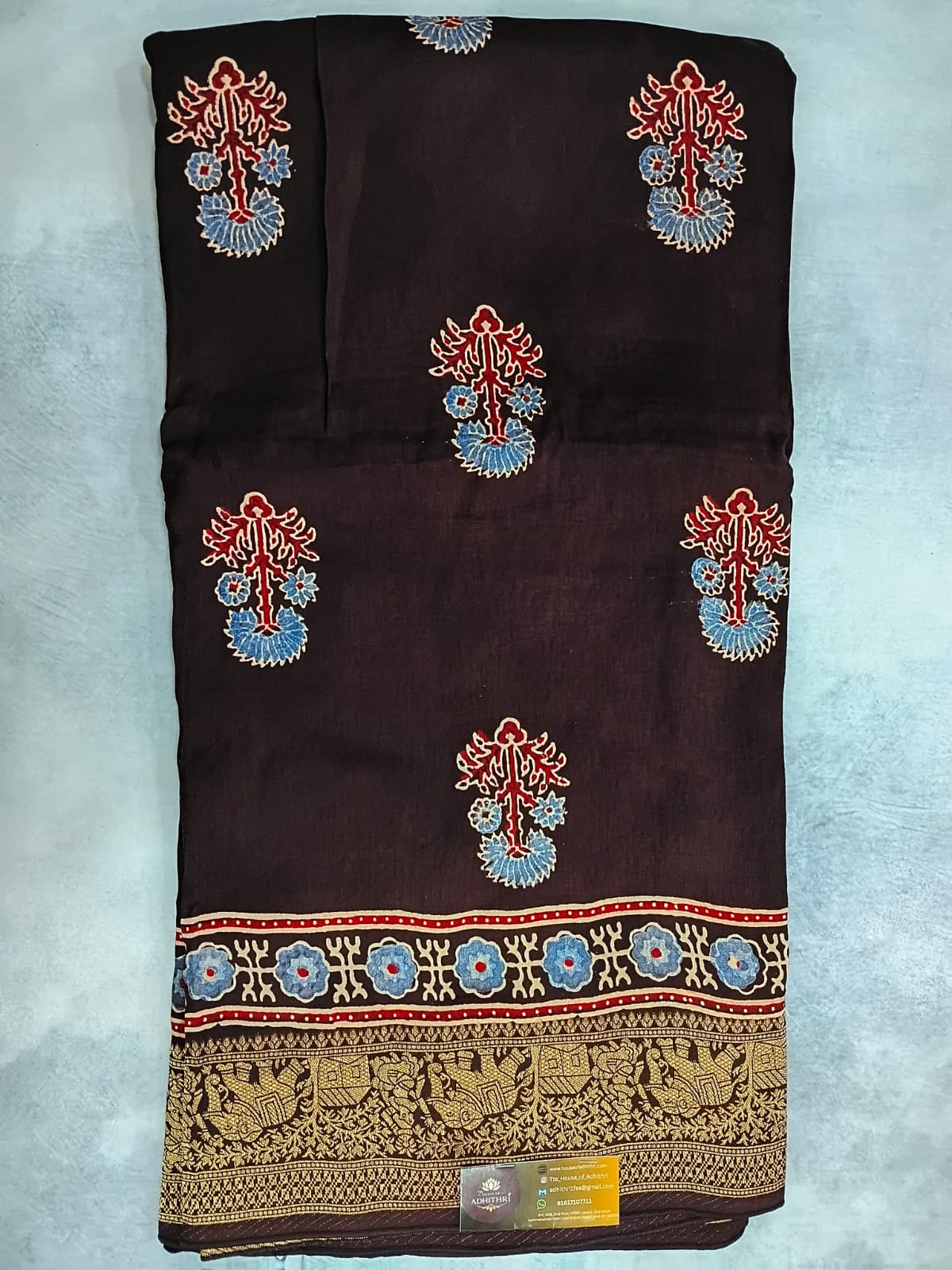 brown ajrak modal dola silk sarees with zari border