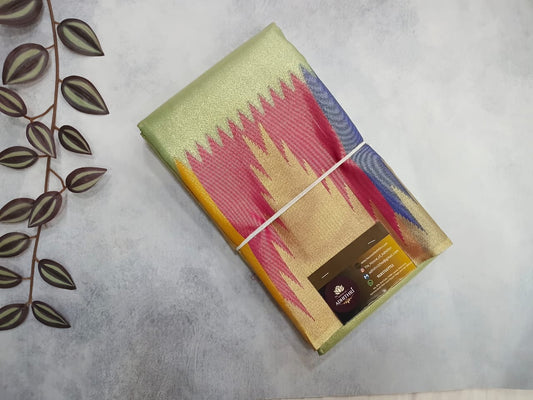 green semi silk temple border saree