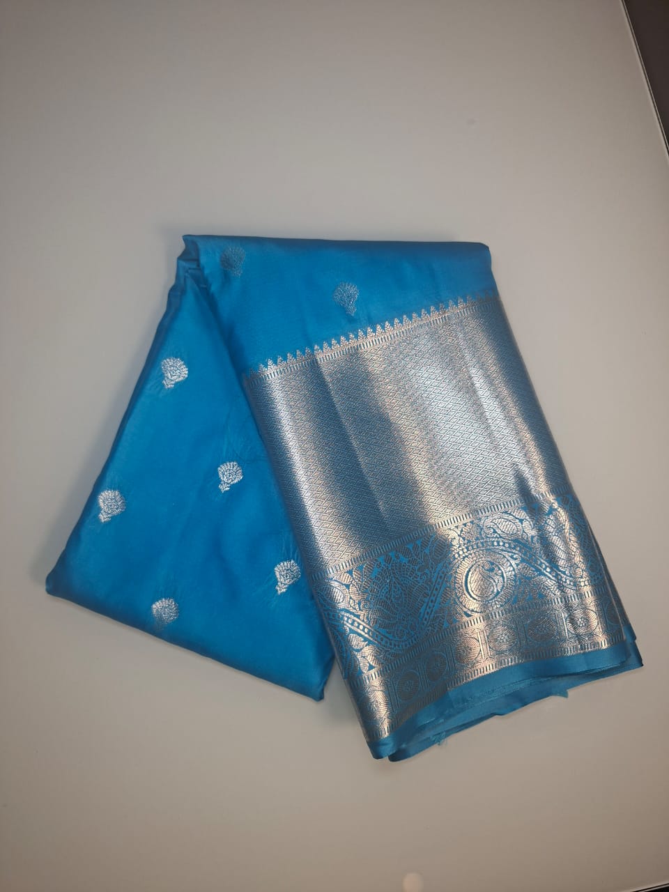 sky blue with silver zari semi silk saree