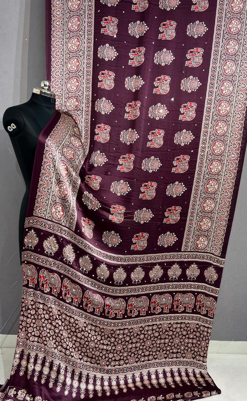 brown ajark satin with mirror silk saree