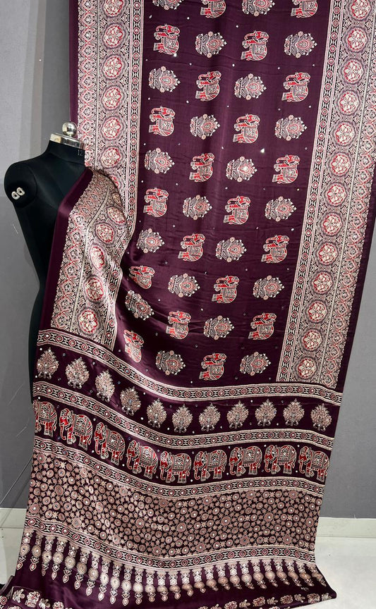 brown ajark satin with mirror silk saree