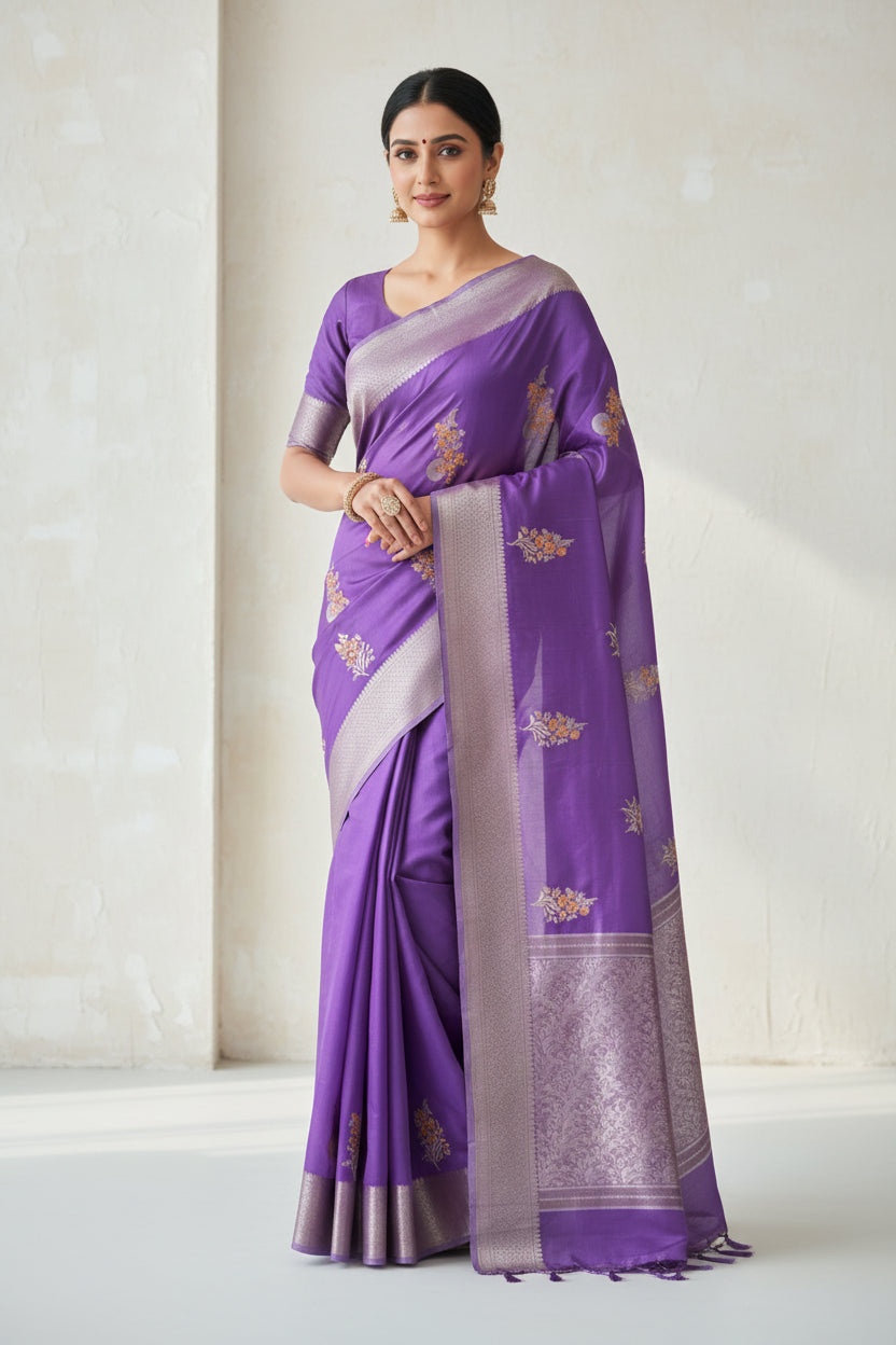 purple banrasi tissue sona roopa booti saree
