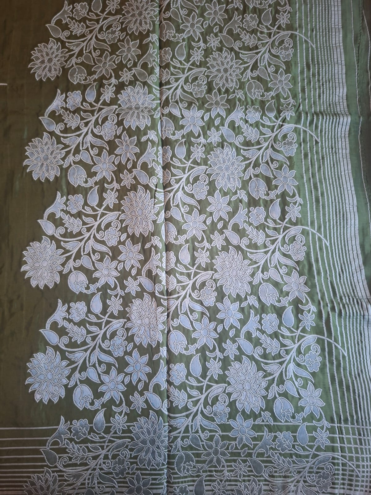 Green butter silk with big flower embroidery motif