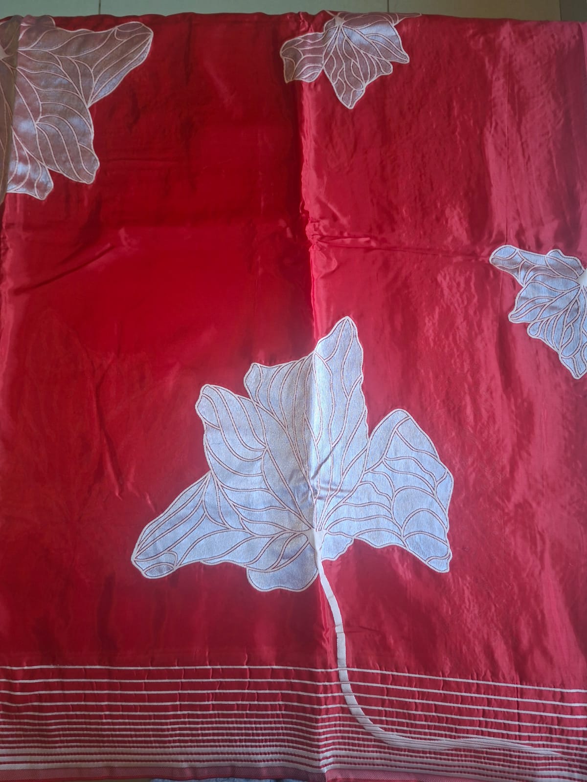 Red butter silk with big flower embroidery motif