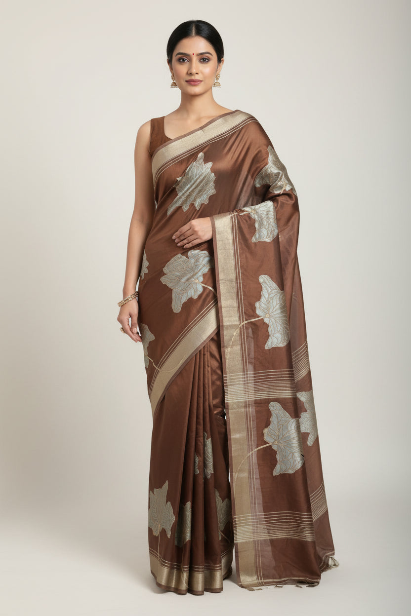 Brown fabric with white floral embroidery