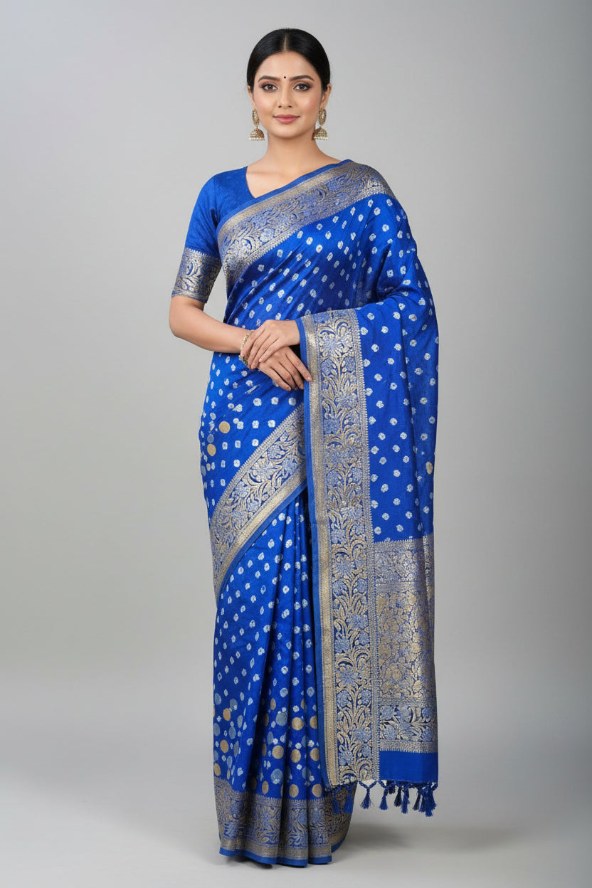 Blue saree with white and gold polka dot pattern on a white background