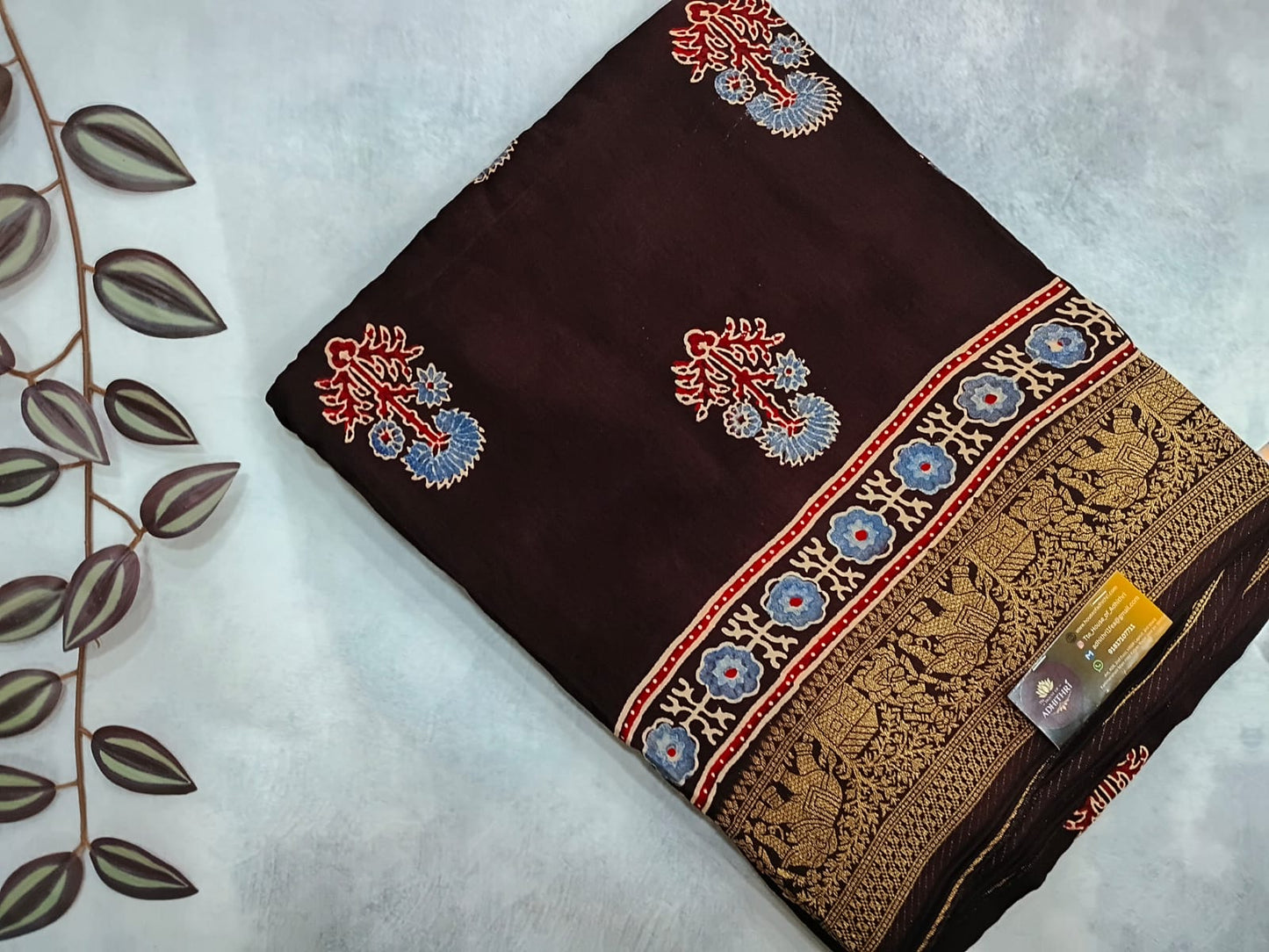brown ajrak modal dola silk sarees with zari border