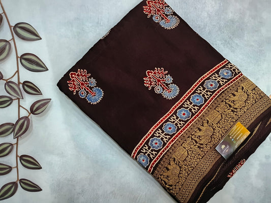 brown ajrak modal dola silk sarees with zari border