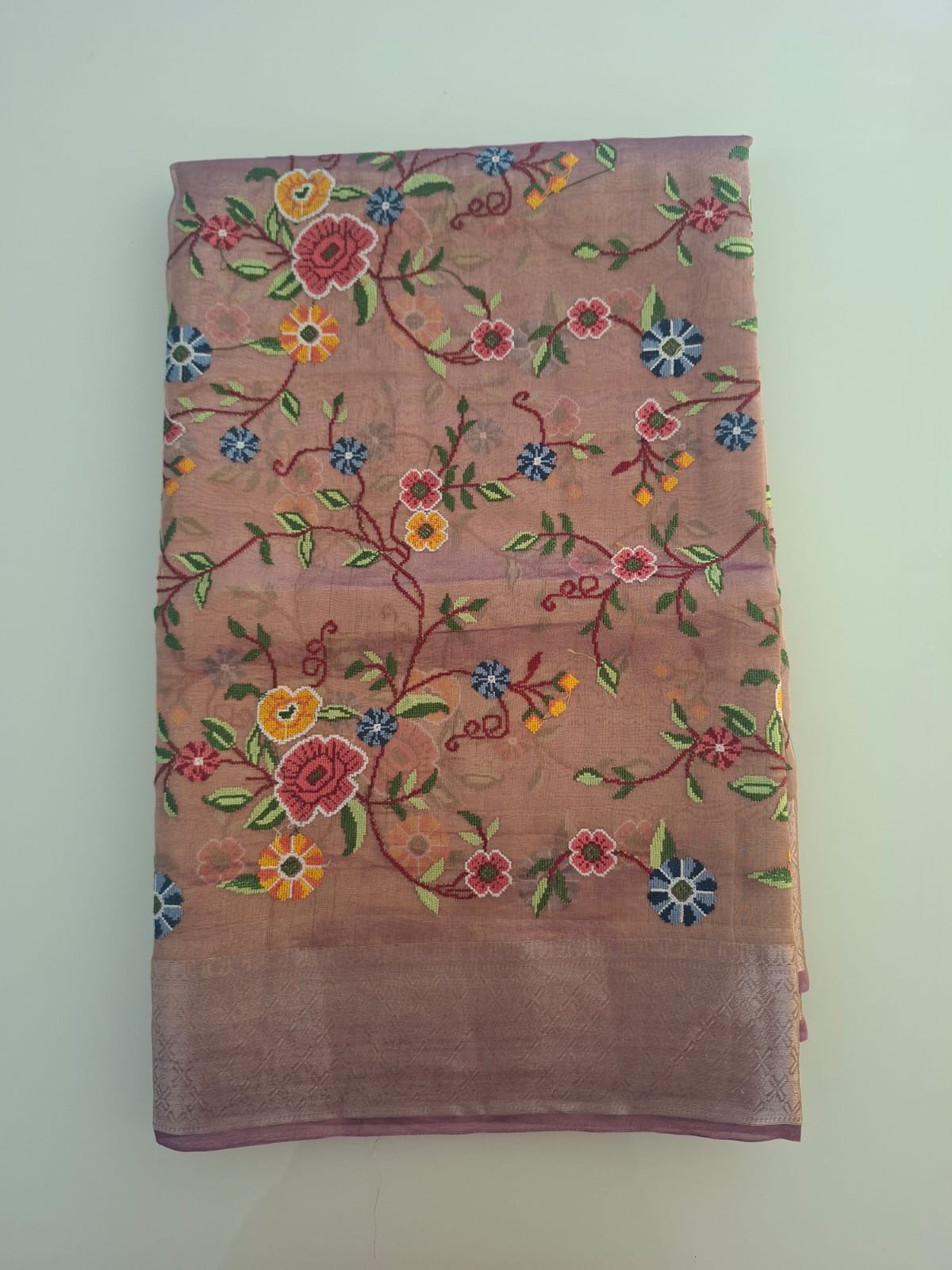 Brown with lines design pure tissue chikankari  embroidery saree