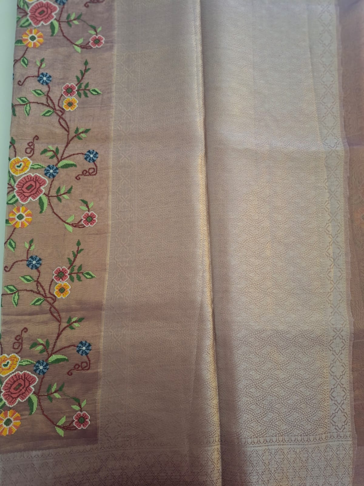Brown with lines design pure tissue chikankari  embroidery saree
