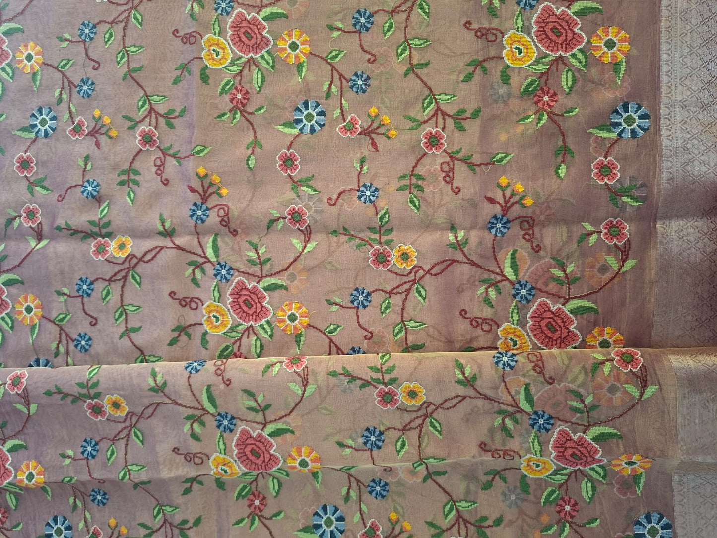 Brown with lines design pure tissue chikankari  embroidery saree