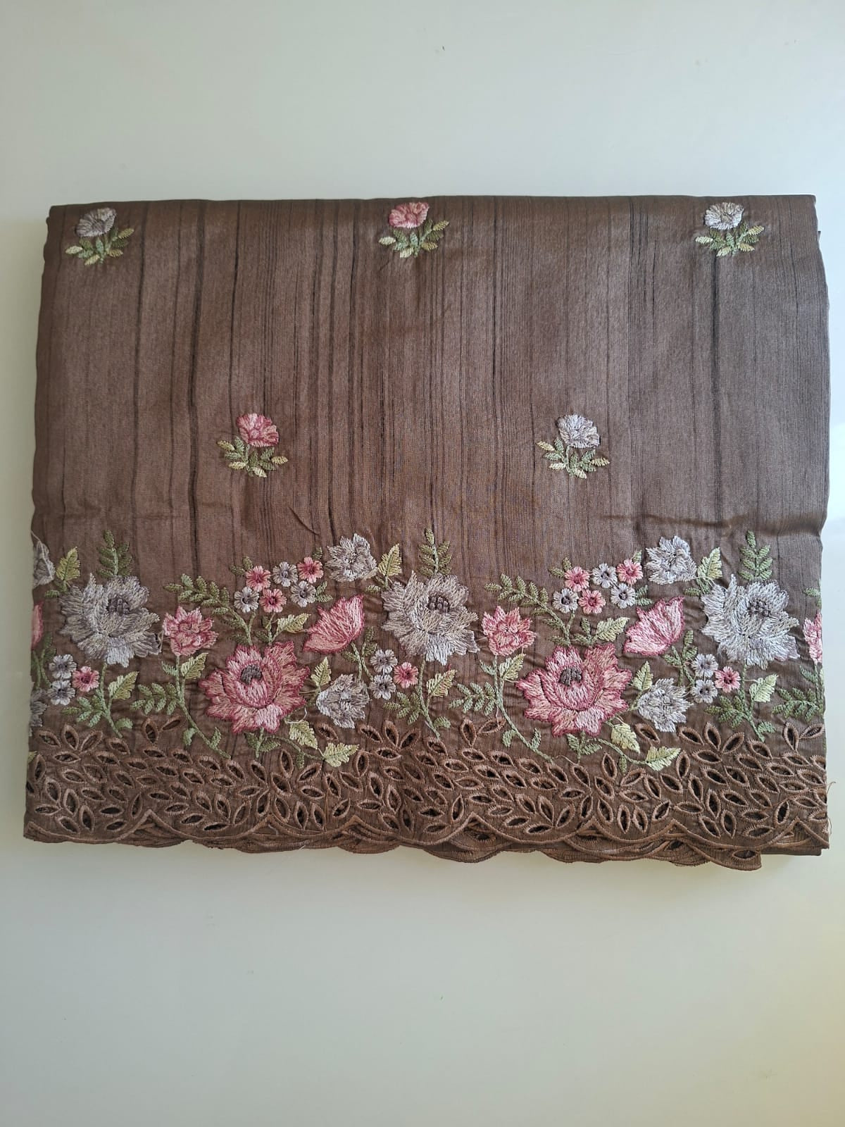 brown semi tussar cut work with floral embroidery saree