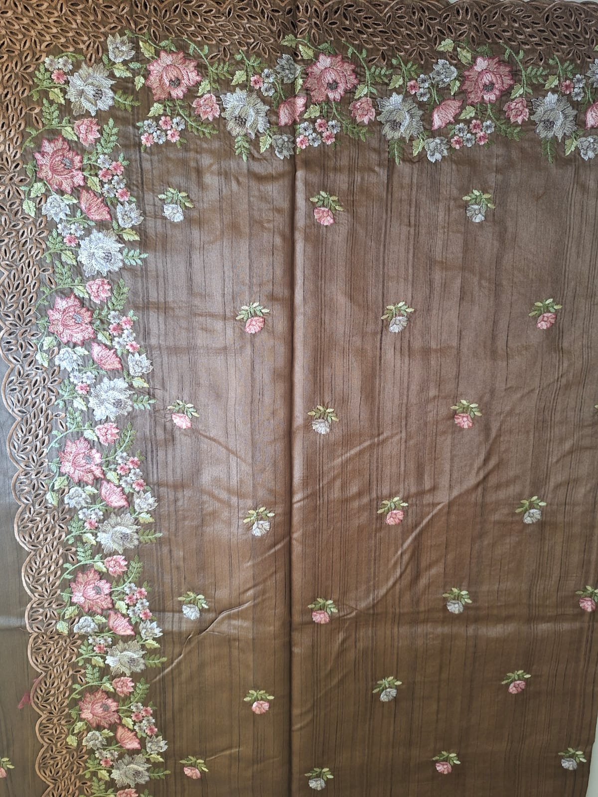 brown semi tussar cut work with floral embroidery saree