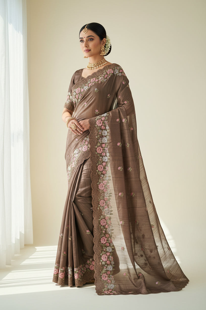 brown semi tussar cut work with floral embroidery saree