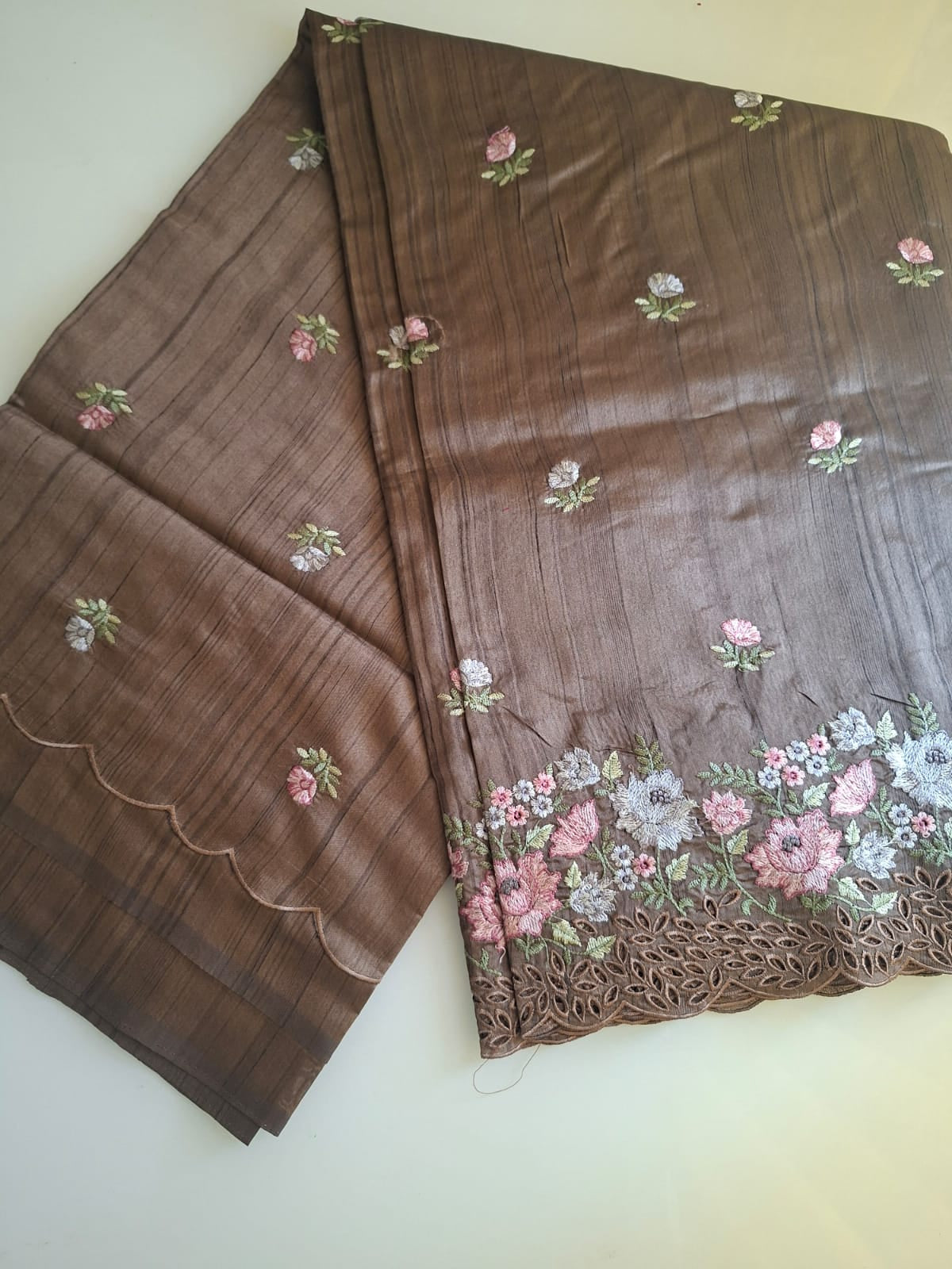 brown semi tussar cut work with floral embroidery saree