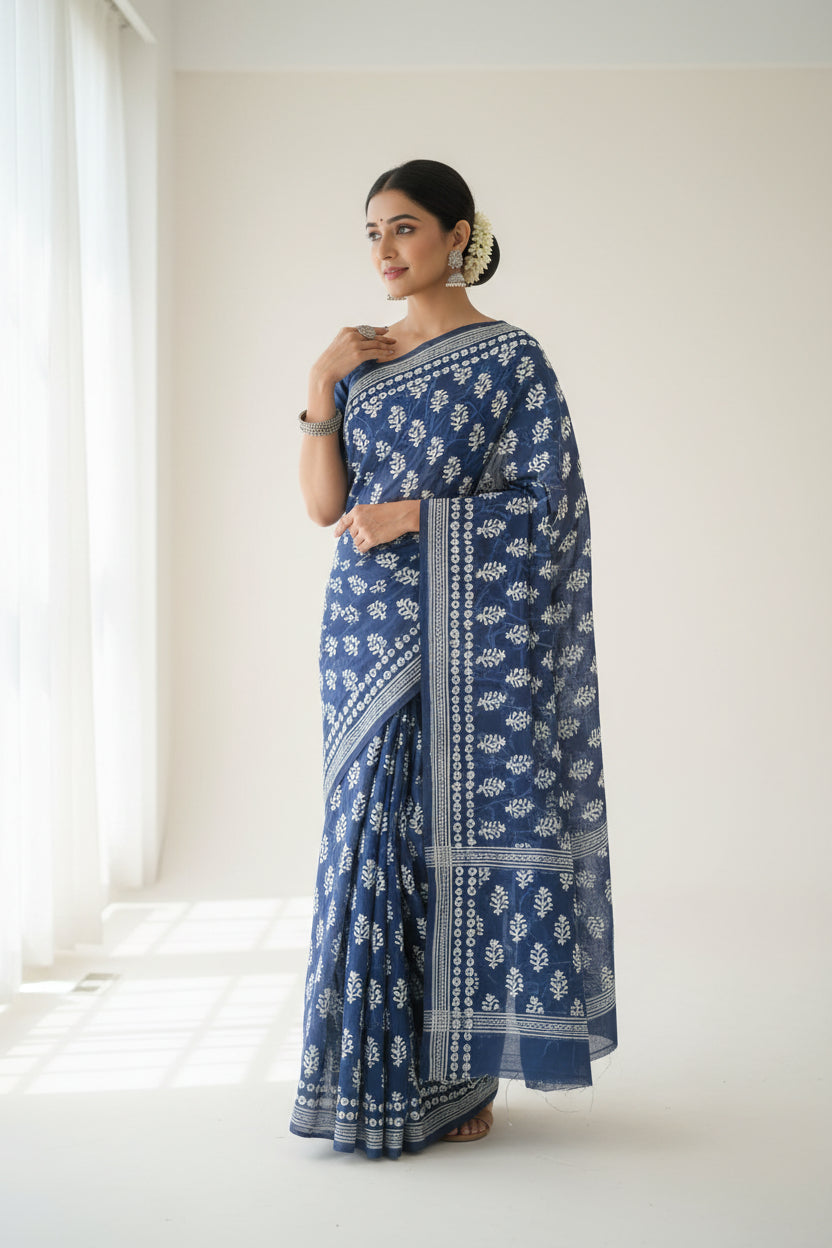 blue with print bagru  mul- mul cotton saree