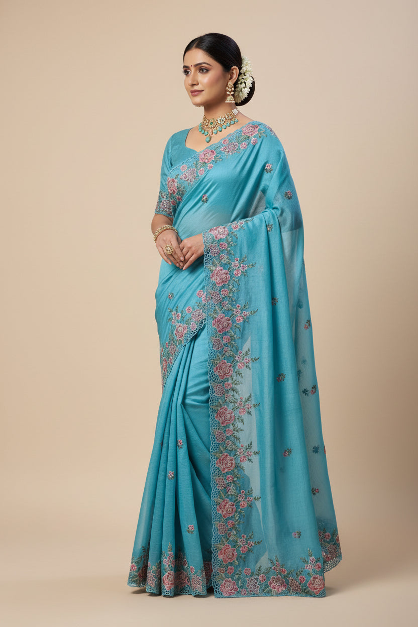 ocean blue  crush semi silk cut work saree