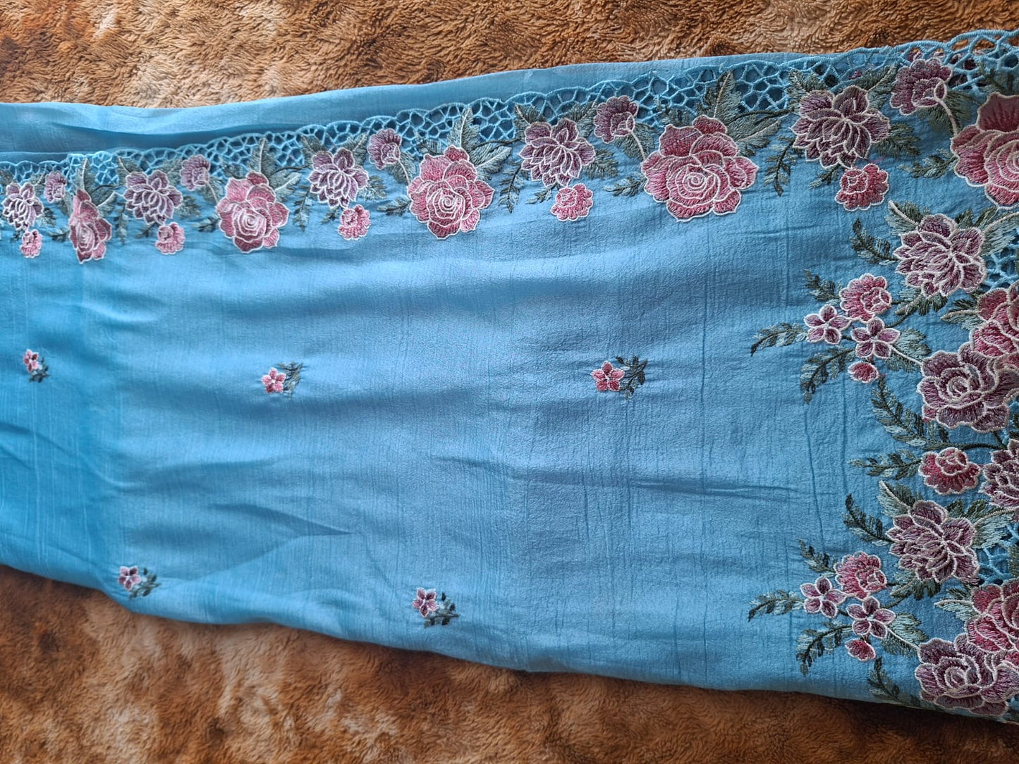 ocean blue  crush semi silk cut work saree