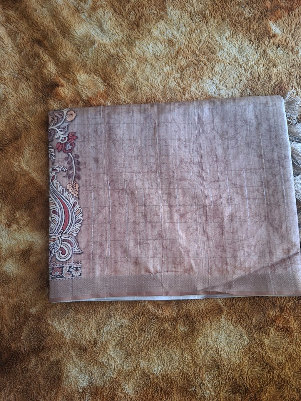 blue and brown semi tussur big motis saree