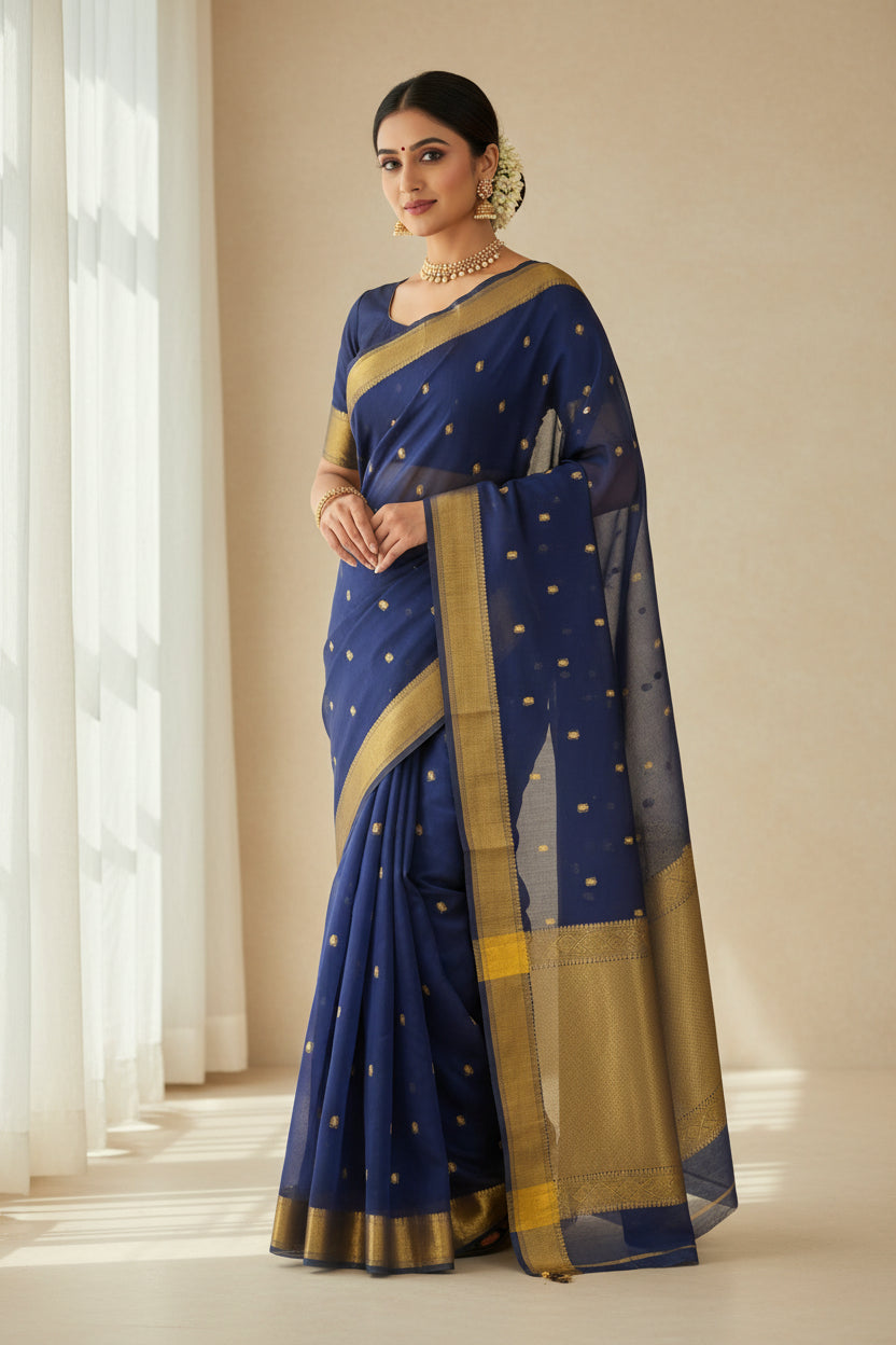 Blue fabric with gold patterns and border