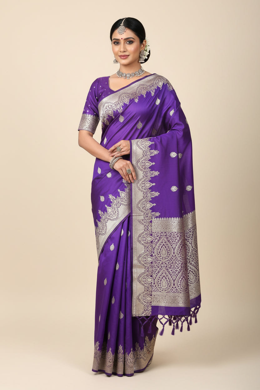 Purple fabric with white floral patterns on a textured surface