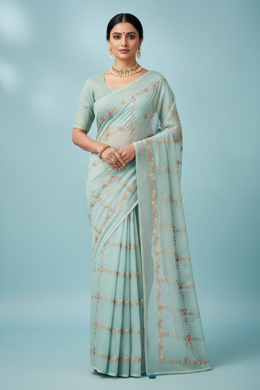 Embroidered fabric with floral patterns on a light blue background