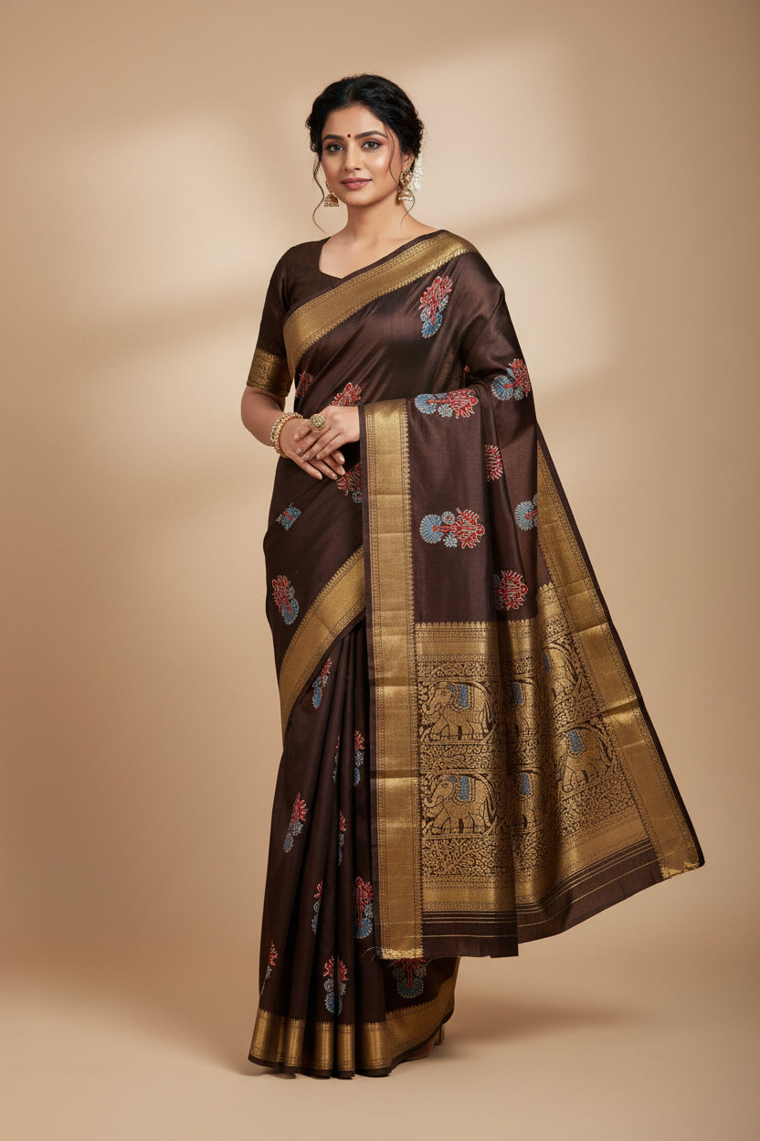 brown ajrak modal dola silk sarees with zari border