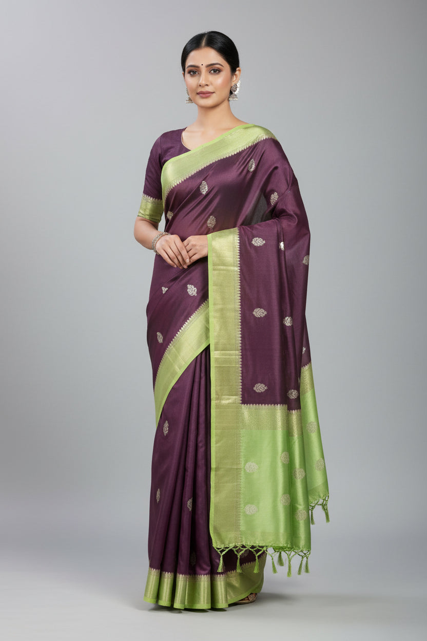 Purple and green saree with floral patterns on a neutral background