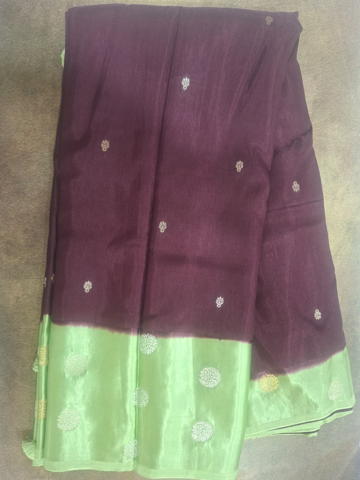 brown with neon green satin saree
