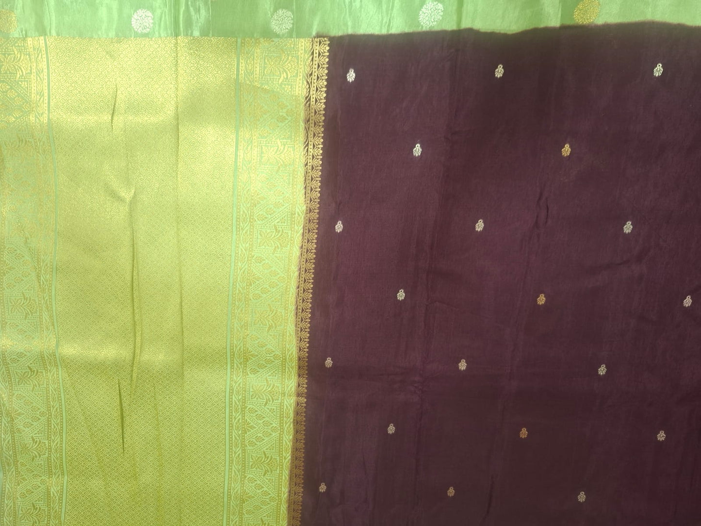 brown with neon green satin saree