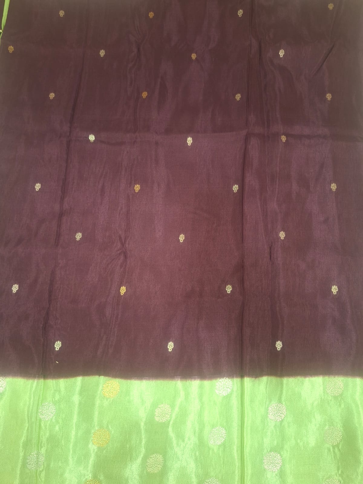 brown with neon green satin saree