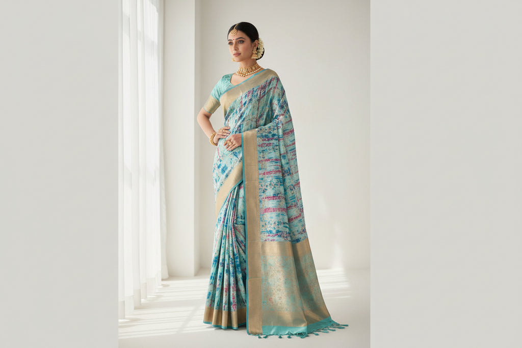 Blue banarasi pure silk digital print fashion saree