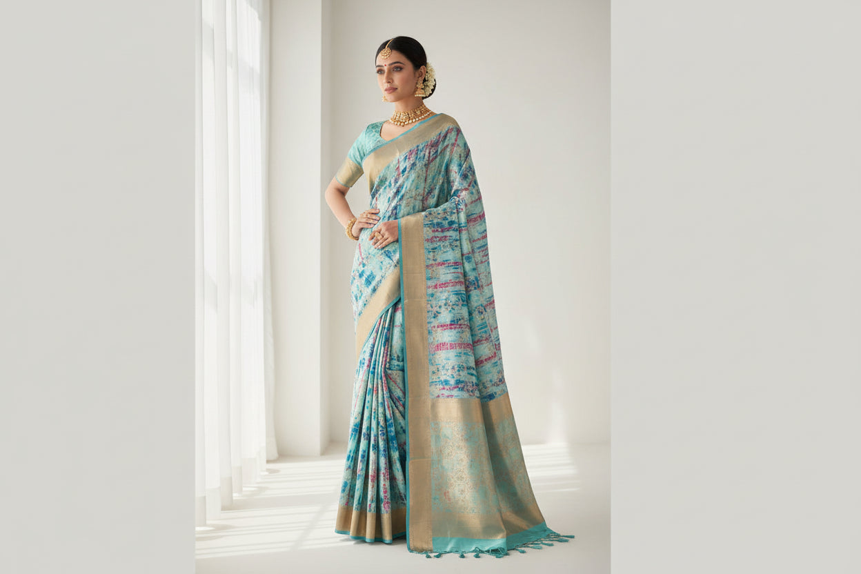 Blue banarasi pure silk digital print fashion saree
