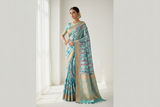 Blue banarasi pure silk digital print fashion saree