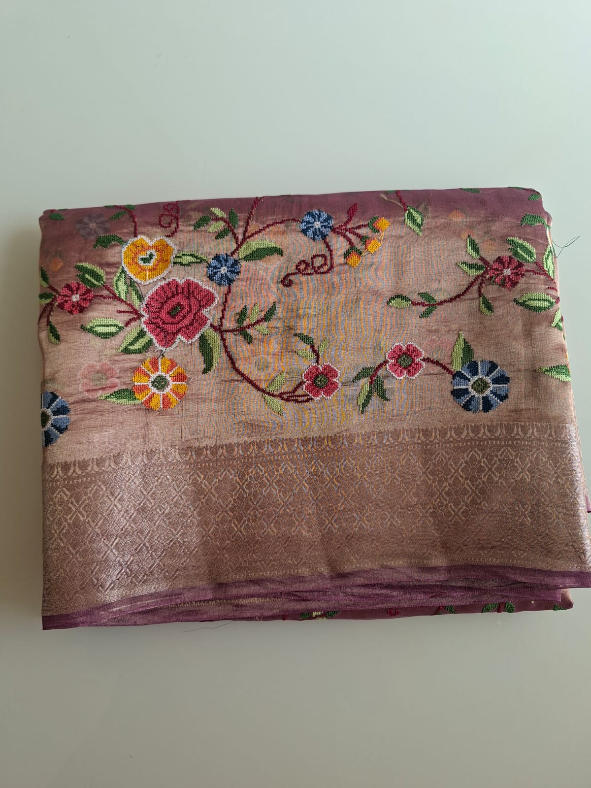 Brown with lines design pure tissue chikankari  embroidery saree