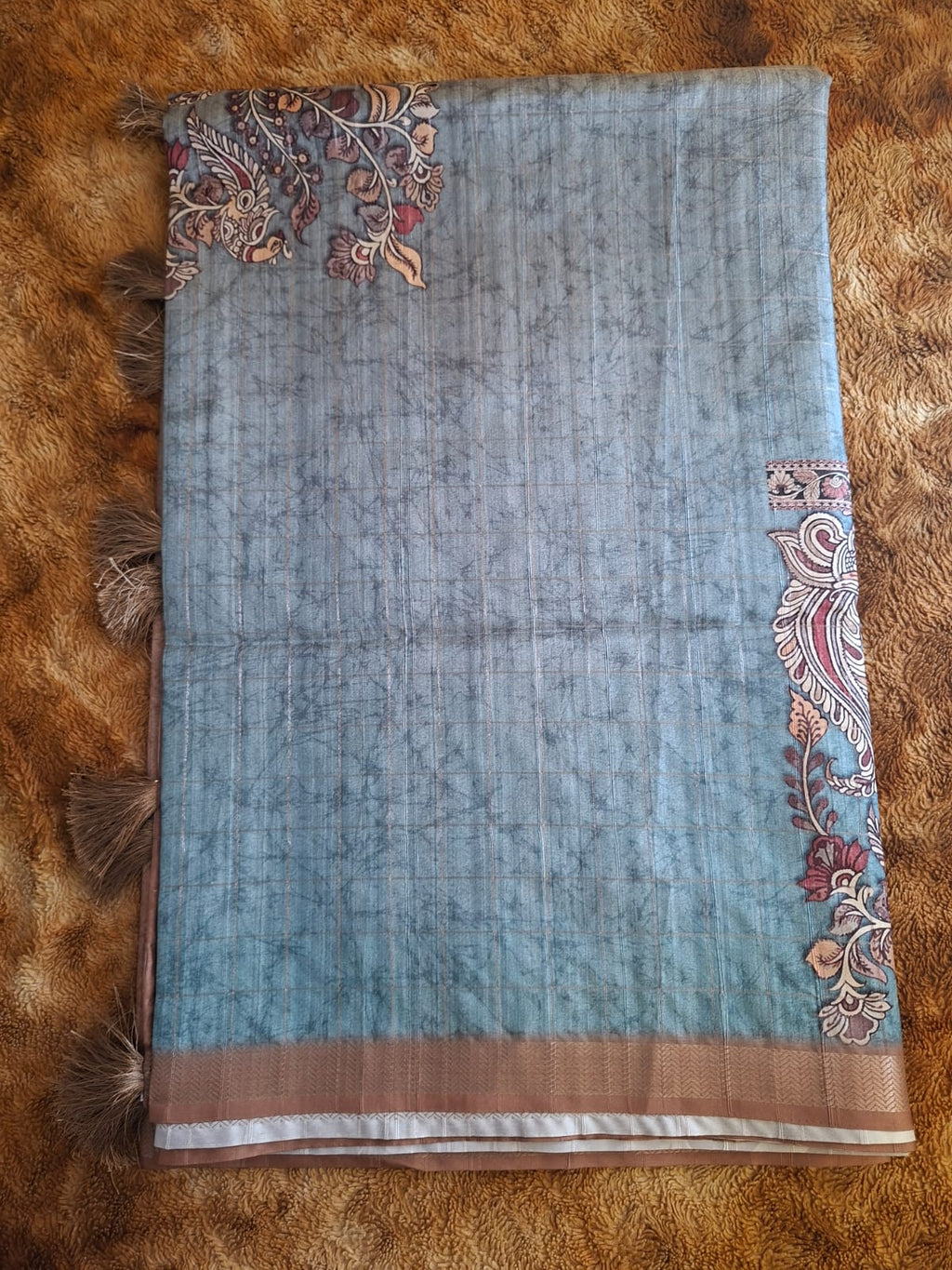 blue and brown semi tussur big motis saree