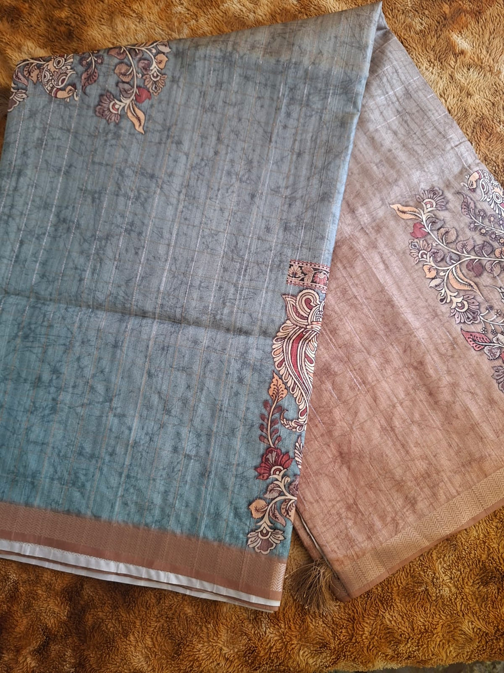 blue and brown semi tussur big motis saree