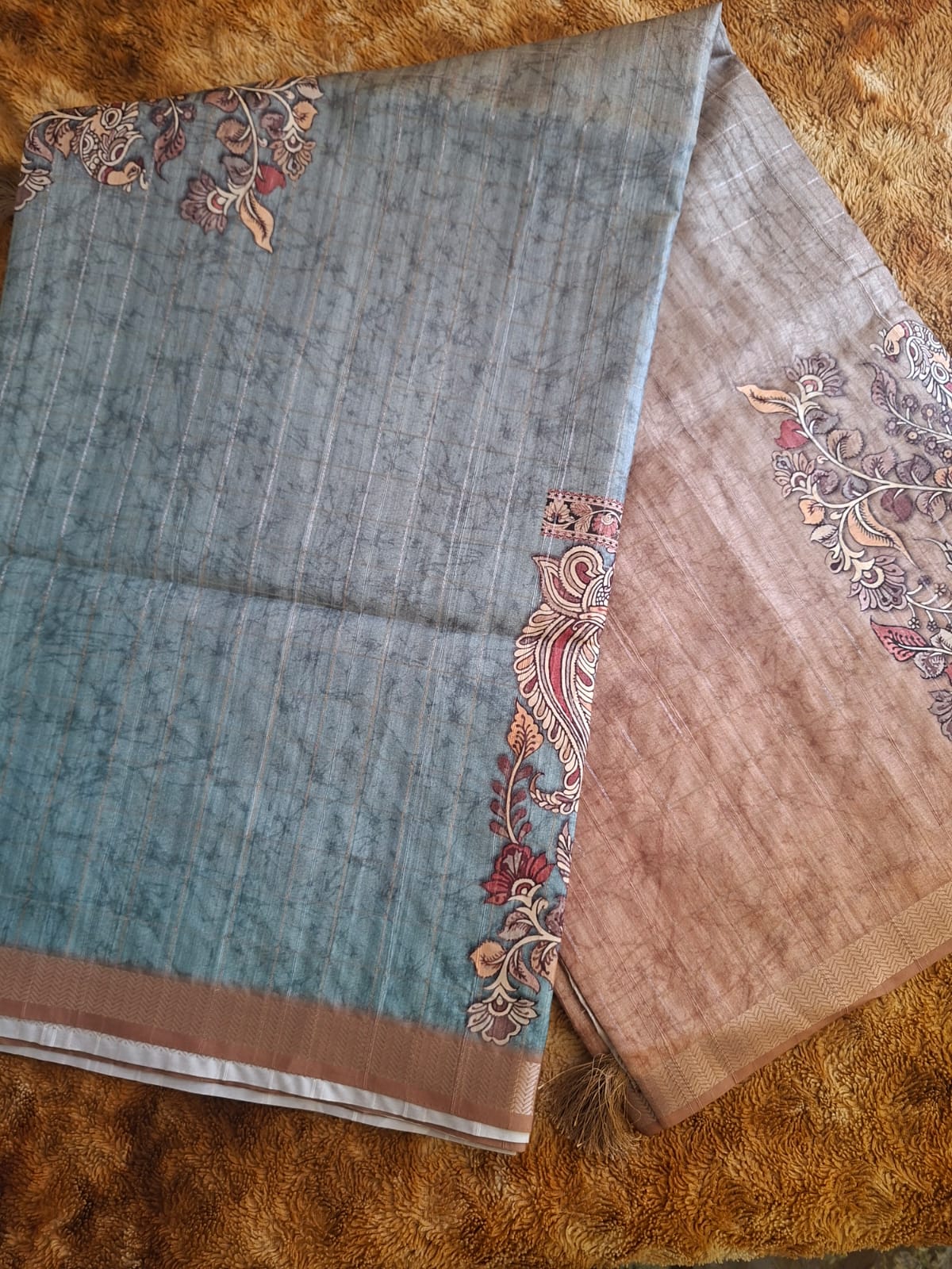 blue and brown semi tussur big motis saree