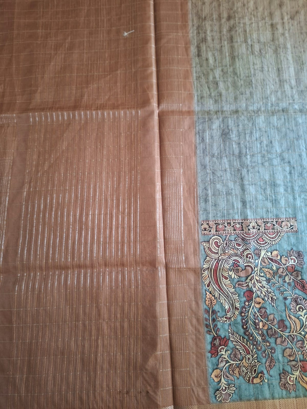 blue and brown semi tussur big motis saree